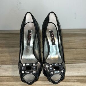 Nina New York Peep Toe Heels Shoes Black Silver Sparkle Women’s 61/2” Rhinestone